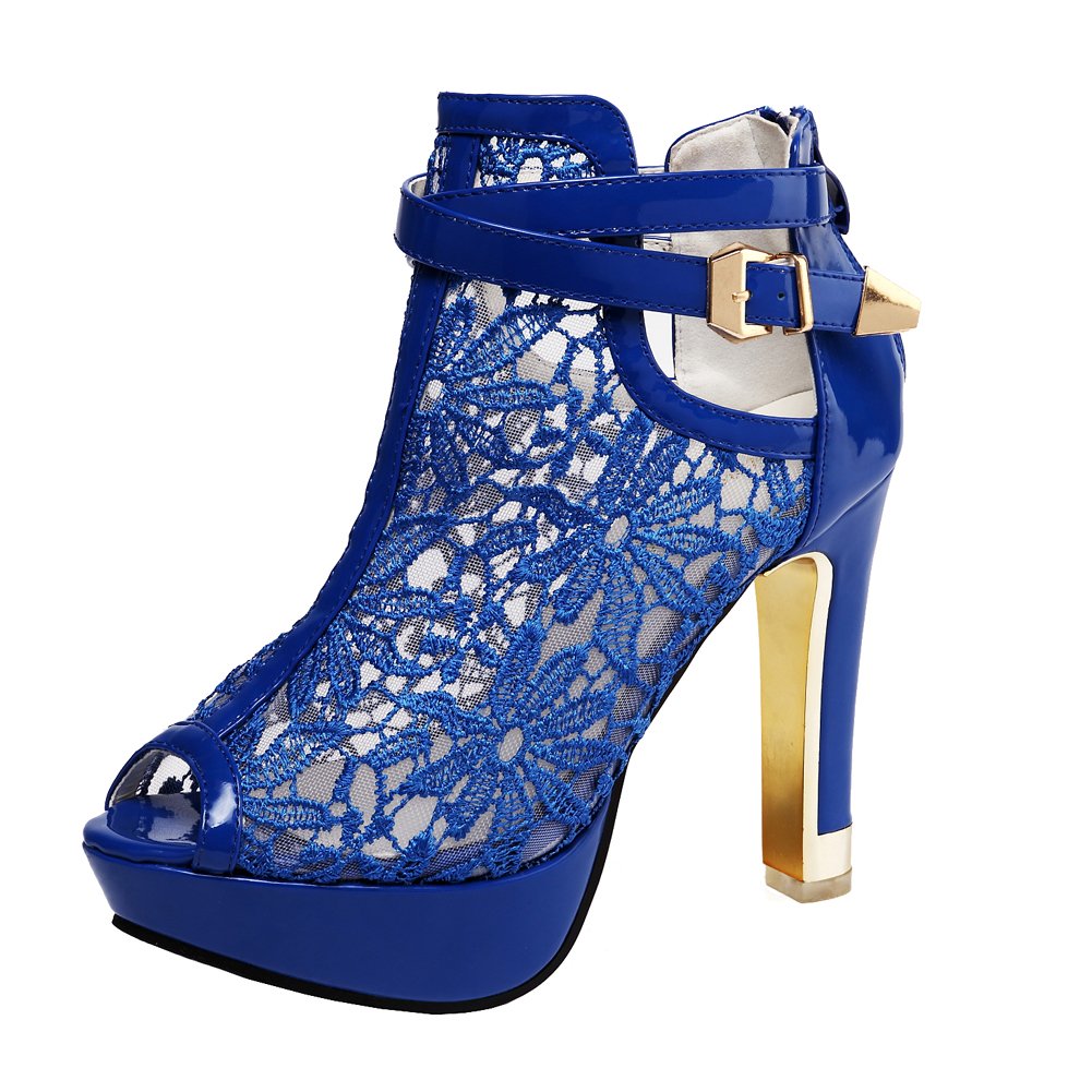 Women's Lace Flower Open Toe High Heel Ankle Boots with Buckle