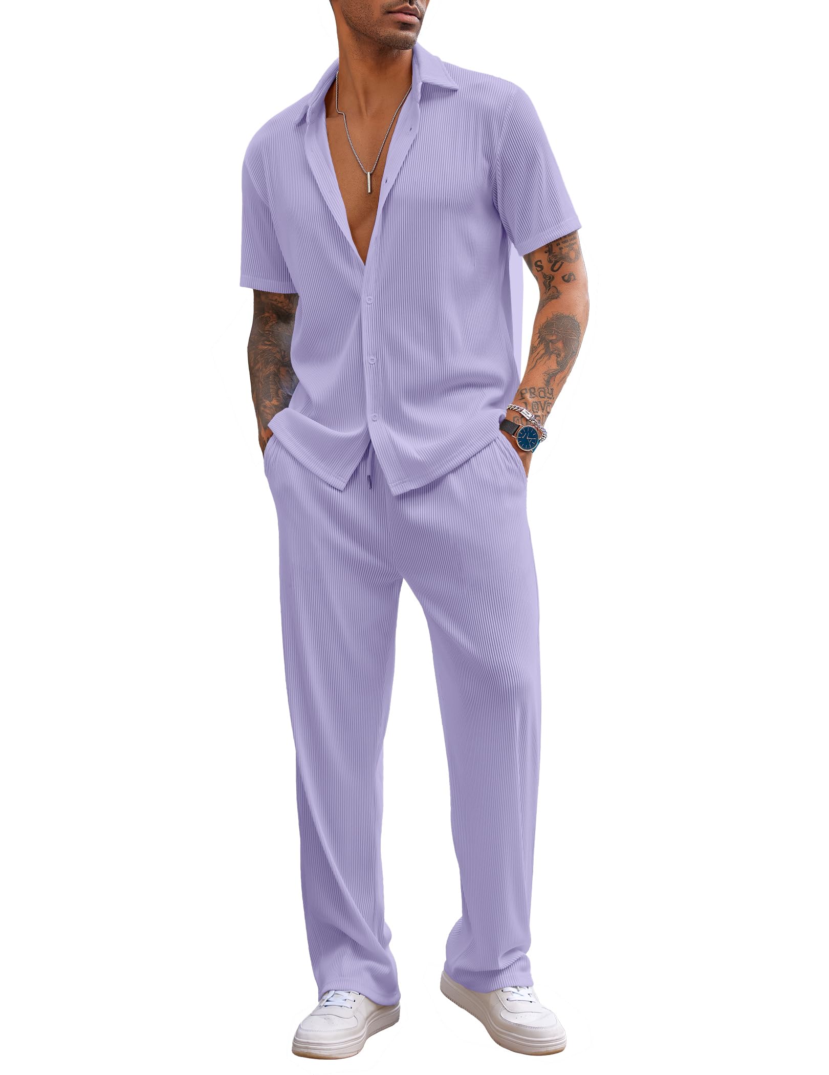 COOFANDY Men's 2 Piece Outfit Casual Short Sleeve Button Down Shirt Beach Summer Loose Pant Sets