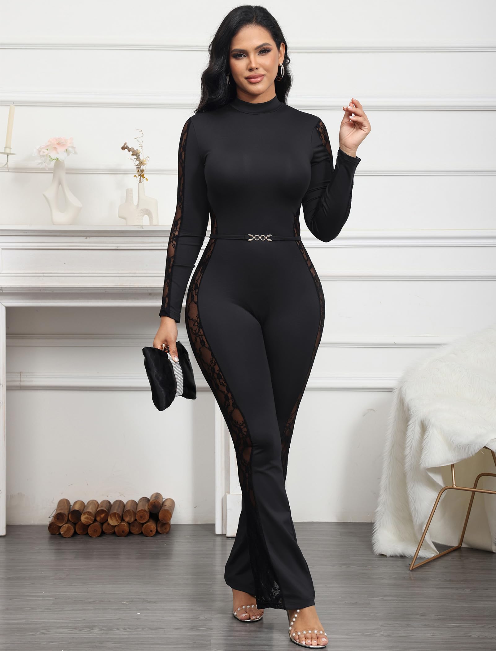 Lace Panel Bodycon Jumpsuit for Women