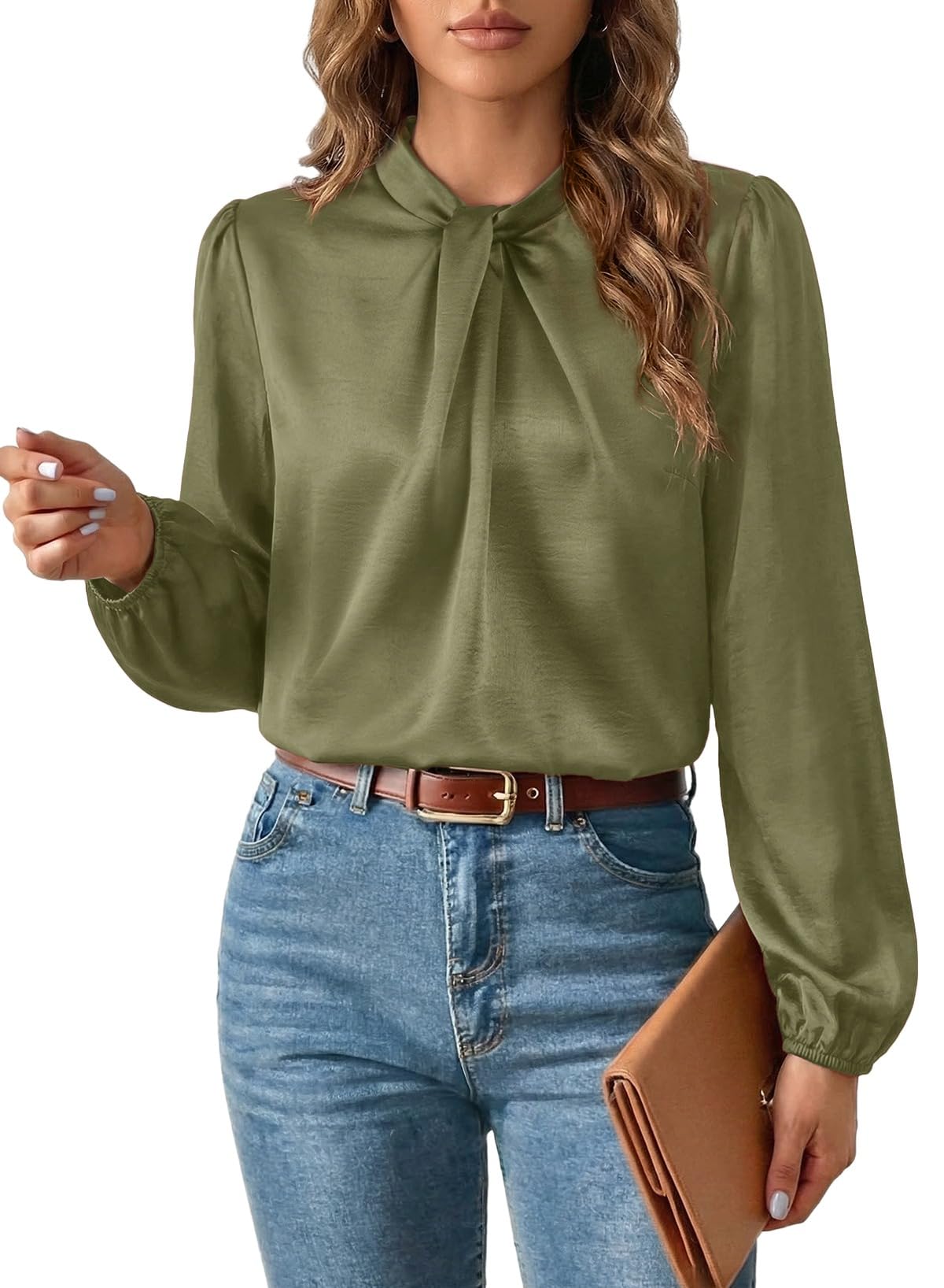 Women's Satin Twisted Mock Neck Blouse – Long Sleeve Business Casual Top