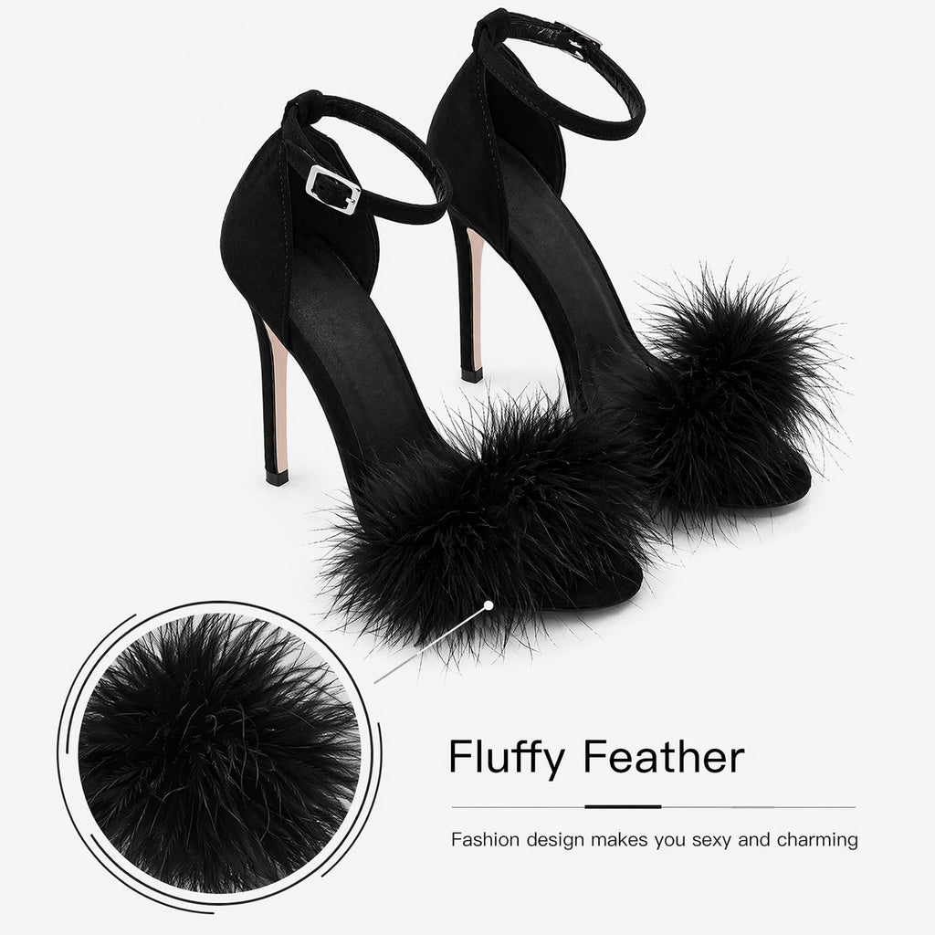 YIBLBOX Women's Feather Fur Stiletto Heels - Open Toe Ankle Strap Sandals