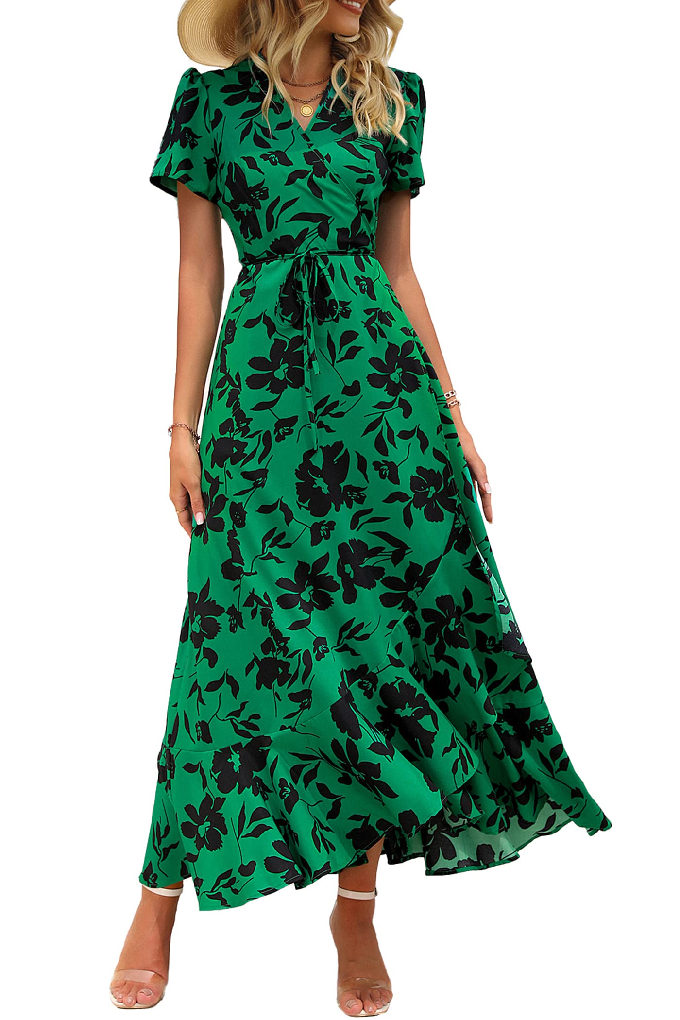 Women's Boho Floral Maxi Dress – Short Sleeve Wrap V-Neck Long Beach Dress