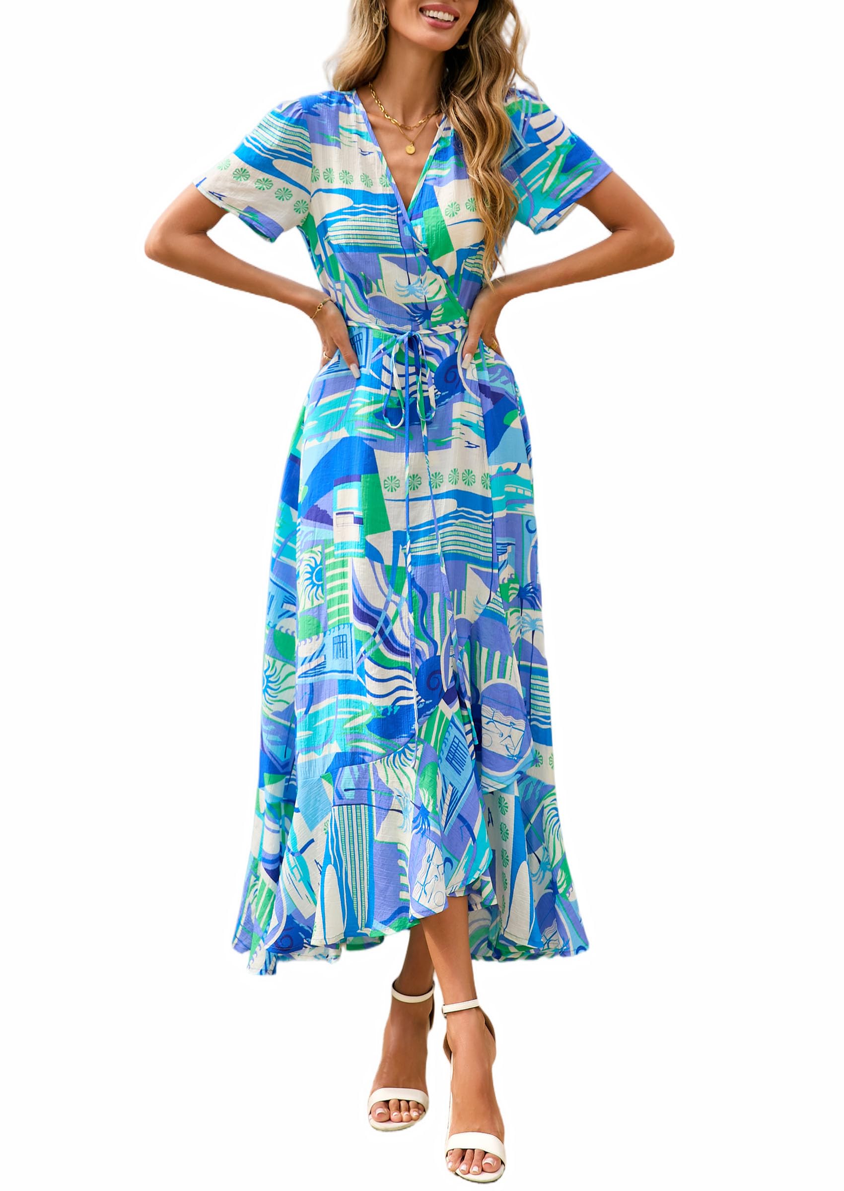Women's Boho Floral Maxi Dress – Short Sleeve Wrap V-Neck Long Beach Dress