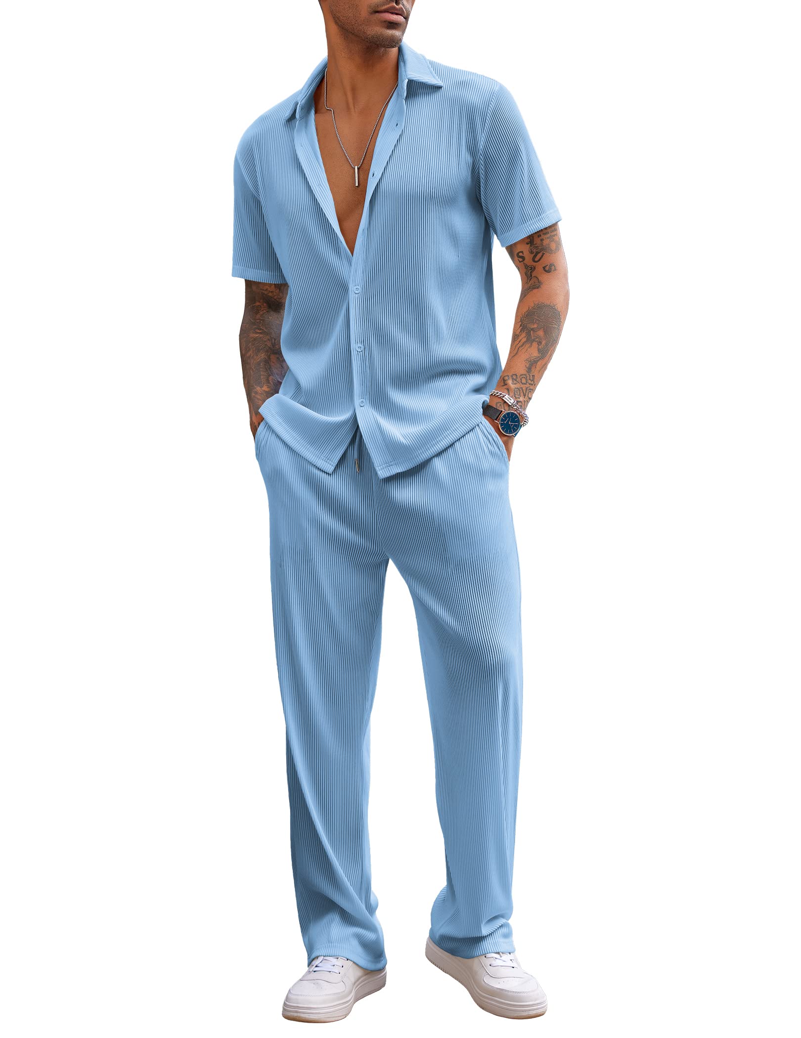 COOFANDY Men's 2 Piece Outfit Casual Short Sleeve Button Down Shirt Beach Summer Loose Pant Sets