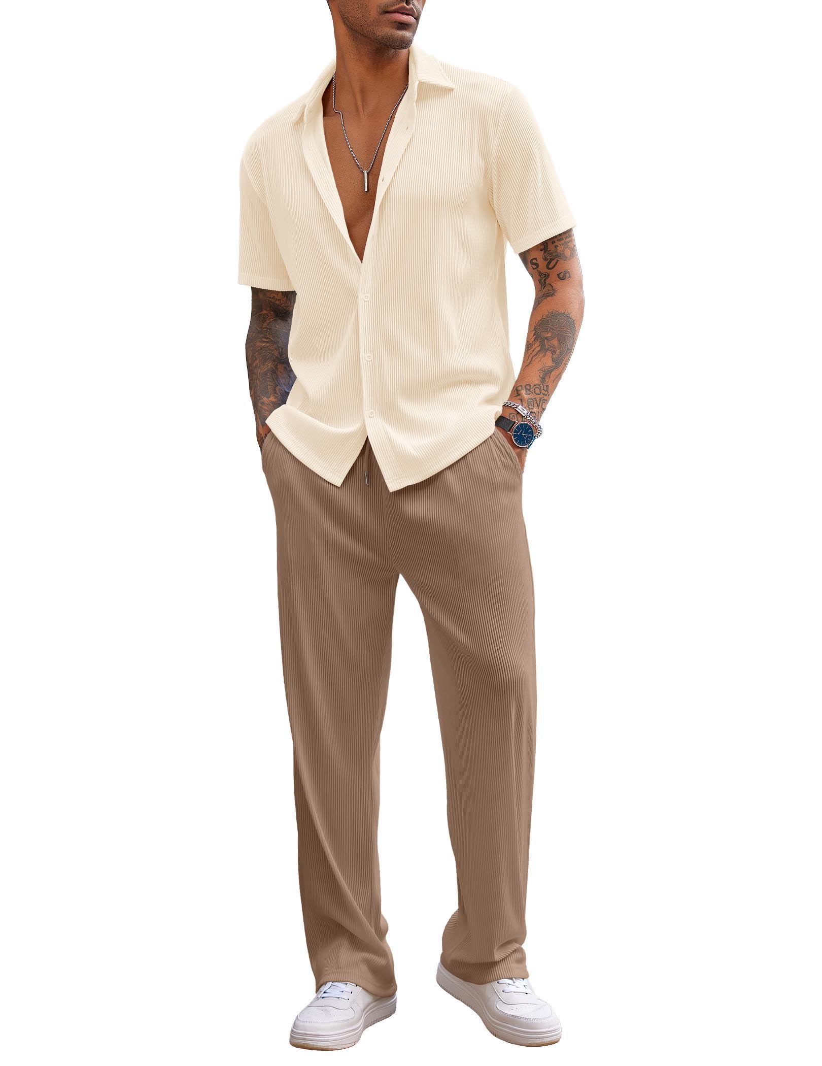 COOFANDY Men's 2 Piece Outfit Casual Short Sleeve Button Down Shirt Beach Summer Loose Pant Sets