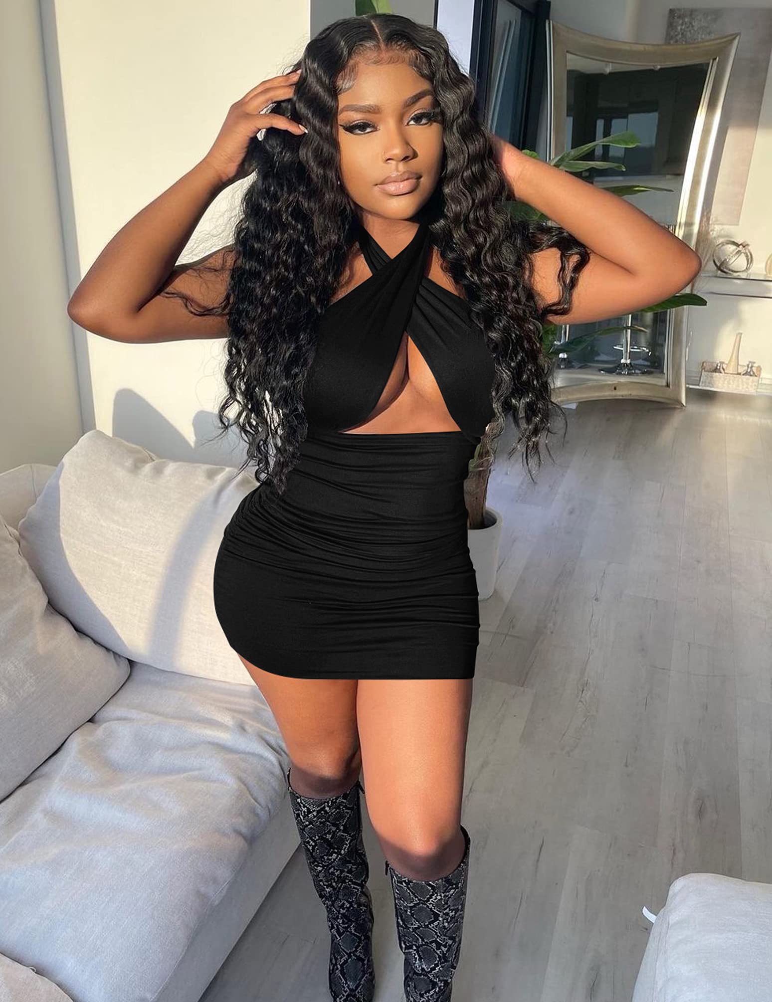 Women's Ruched Bodycon Halter Mini Dress | Cut Out Backless | Club & Party