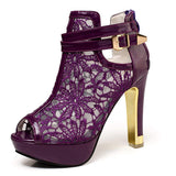 Women's Lace Flower Open Toe High Heel Ankle Boots with Buckle