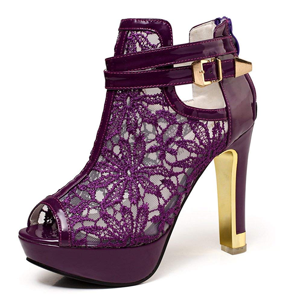 Women's Lace Flower Open Toe High Heel Ankle Boots with Buckle