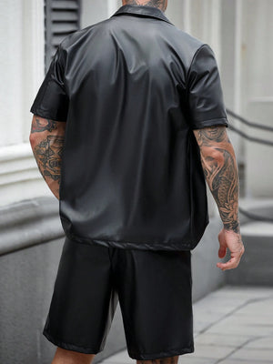 Manfinity LEGND Men'S Solid Front Button Short Sleeve Shirt and Drawstring Waist Pocket Shorts Set Men'S Outfits Sets Men Fashion Clothes Men Outfits 2 Pieces Men'S Designer Outfits