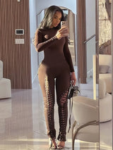 Sexy Fall Jumpsuits Women Diy Shirring O-Neck Full Sleeve Midnight Party Club Stretch Activity Fitness Slim Overalls