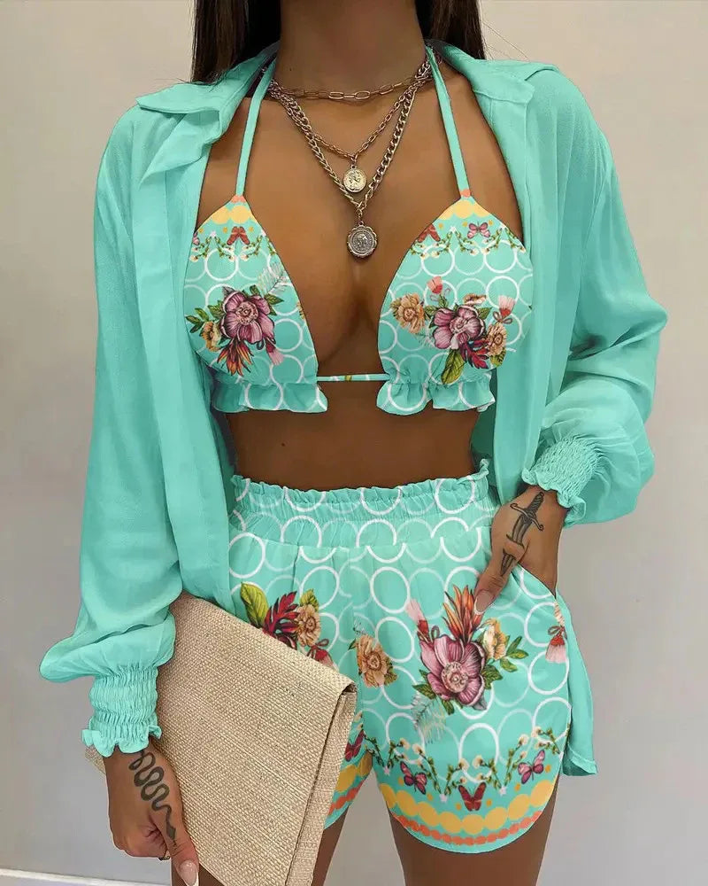 Women's Summer Solid Color Printing 3-piece Suit - Dazzling Beauty Solution