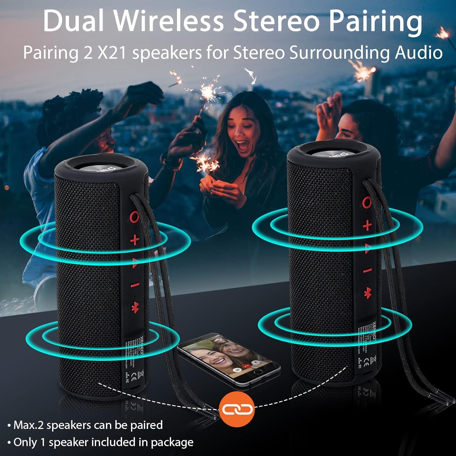 X21 Portable Outdoor Wireless Bluetooth Speaker Waterproof with FM Radio, Micro SD Card Slot, AUX for Shower - Hard Travel Case Included