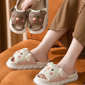 Piggy Cute Couple Open Toe Linen Cotton Linen Slippers - Dazzling Beauty Solution