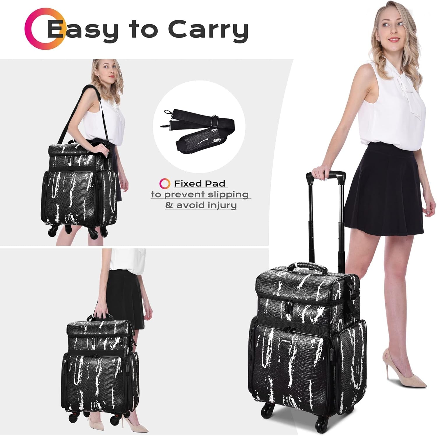 Soft Sided Rolling Makeup Train Case Cosmetic Organizer Crocodile Makeup Case Trolley for Makeup Artist Nail Technician Hairstylist Crafters with Detachable Pouch & Shoulder Strap,Black