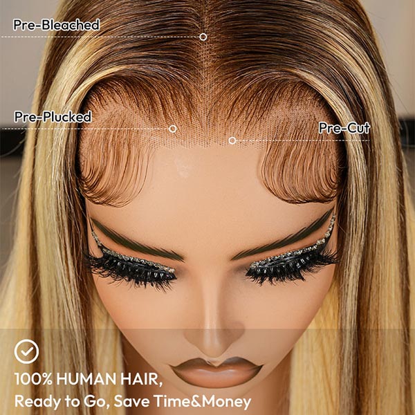 Honey Blonde Ombre Wig Super Invisible Lace Wig Straight Human Hair With Dark Roots