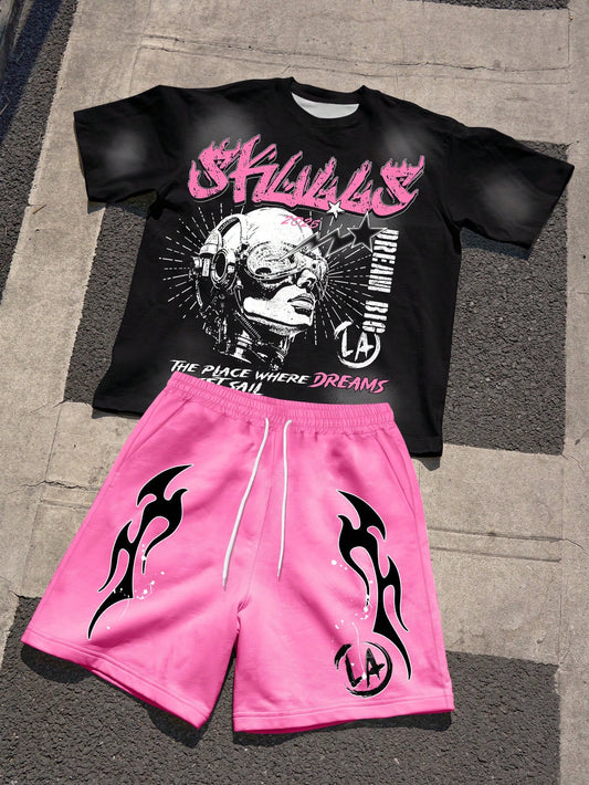 Manfinity EMRG Men'S Summer Casual Person Graphic Print Short Sleeve T-Shirt and Shorts Set Graphic Tees Streetwear