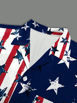 Manfinity Homme Men'S Summer USA Flag Printed Short Sleeve Single-Breasted Casual Shirt for 4Th of July