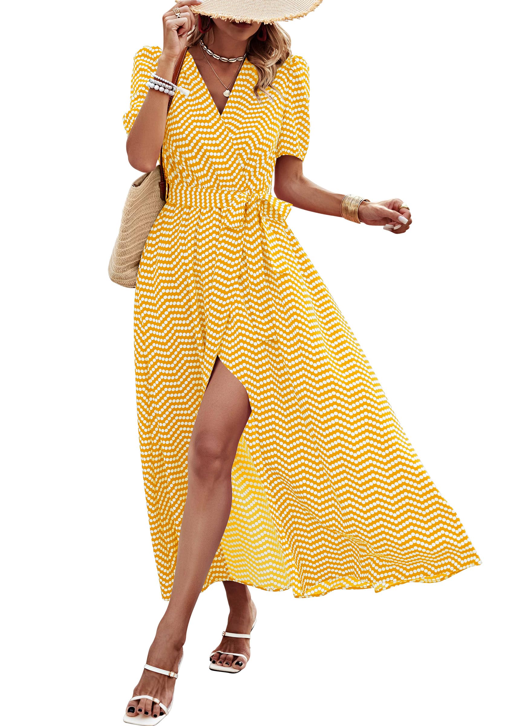 Women's Boho Floral Maxi Dress – Short Sleeve Wrap V-Neck Long Beach Dress
