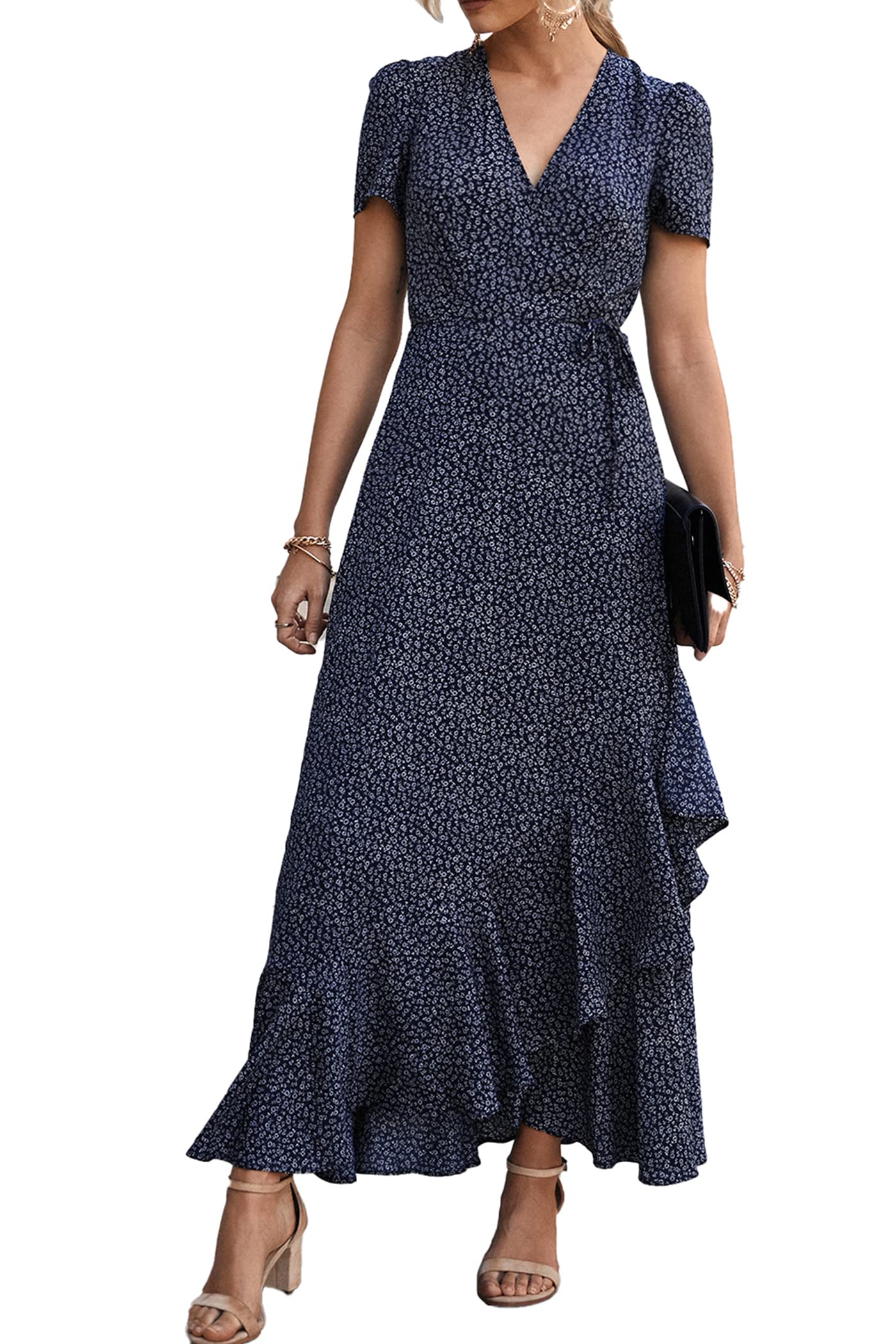 Women's Boho Floral Maxi Dress – Short Sleeve Wrap V-Neck Long Beach Dress
