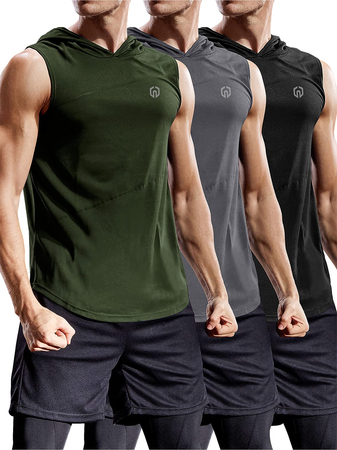 NELEUS Men's Dry Fit Hooded Muscle Tank Top - Athletic Workout Running Shirt 3-Pack