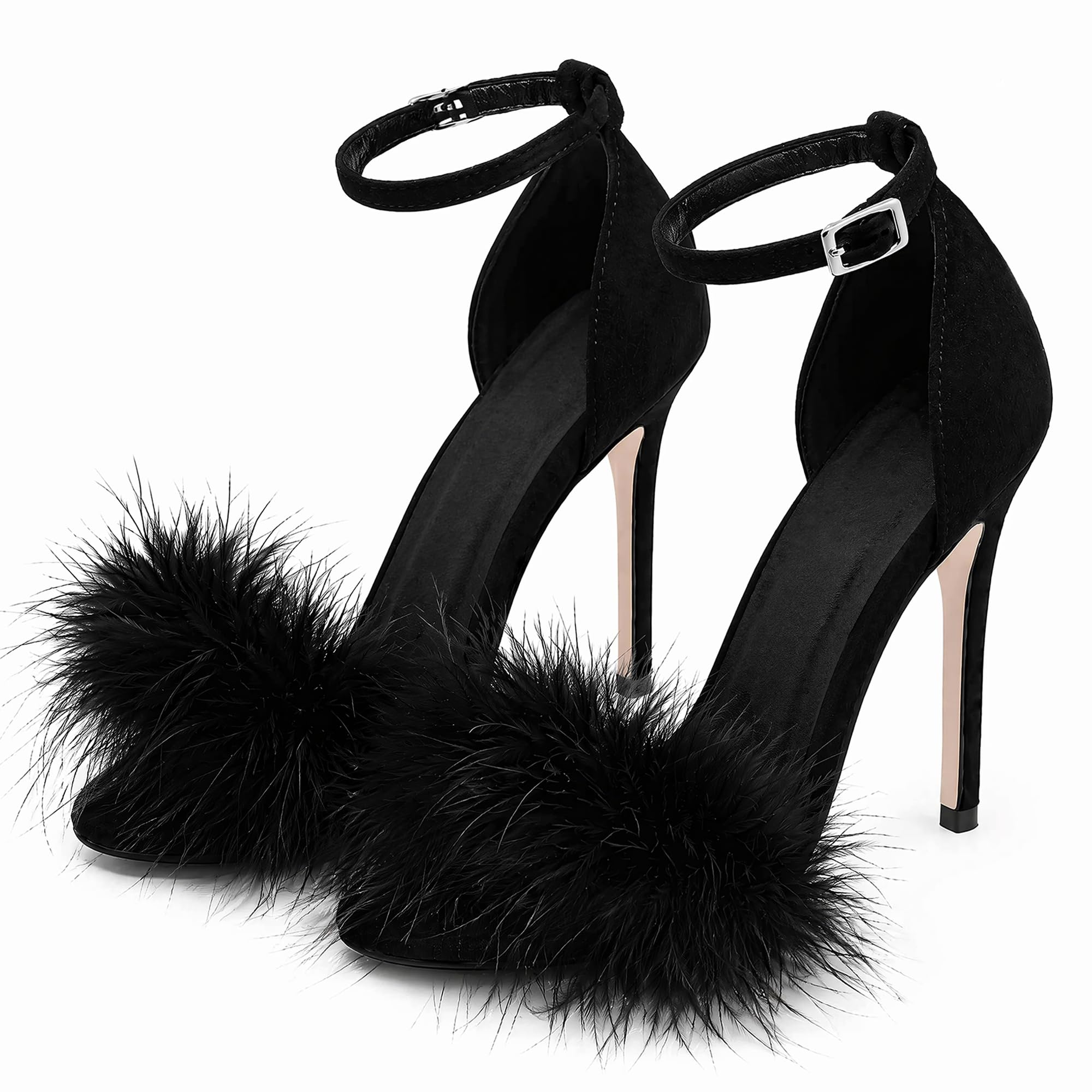 YIBLBOX Women's Feather Fur Stiletto Heels - Open Toe Ankle Strap Sandals