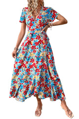 Women's Boho Floral Maxi Dress – Short Sleeve Wrap V-Neck Long Beach Dress