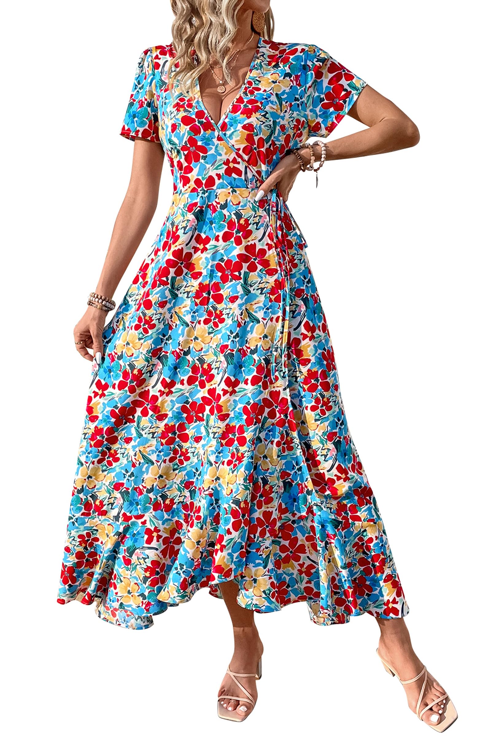 Women's Boho Floral Maxi Dress – Short Sleeve Wrap V-Neck Long Beach Dress