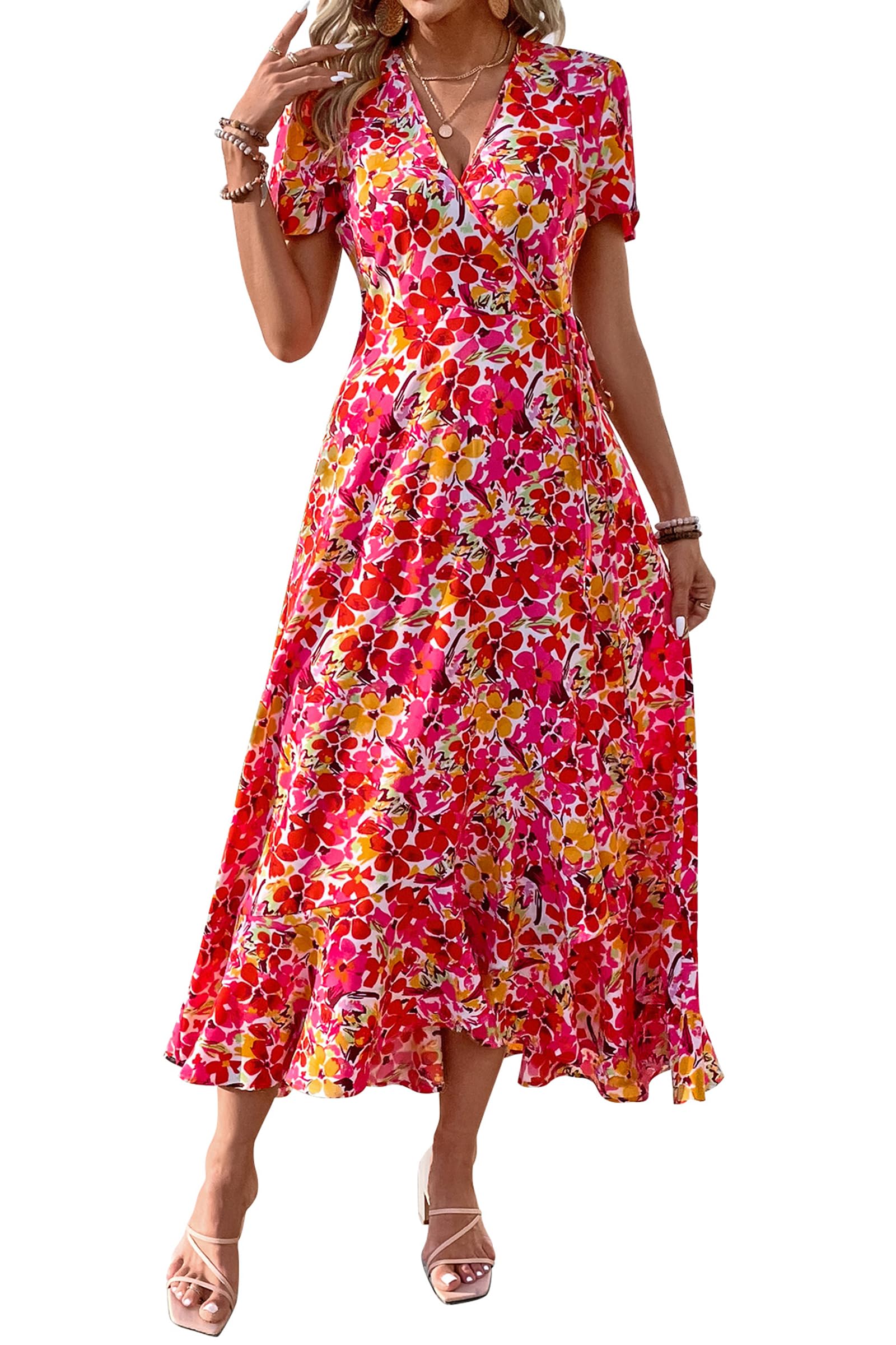 Women's Boho Floral Maxi Dress – Short Sleeve Wrap V-Neck Long Beach Dress