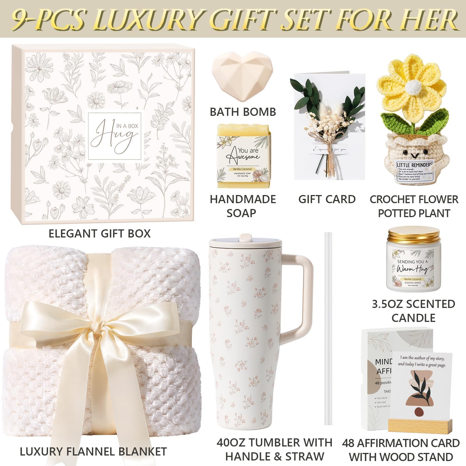 Qinline Luxury Spa Gift Set for Women – 10-Piece Self-Care Box with Blanket, Tumbler & Affirmation Cards