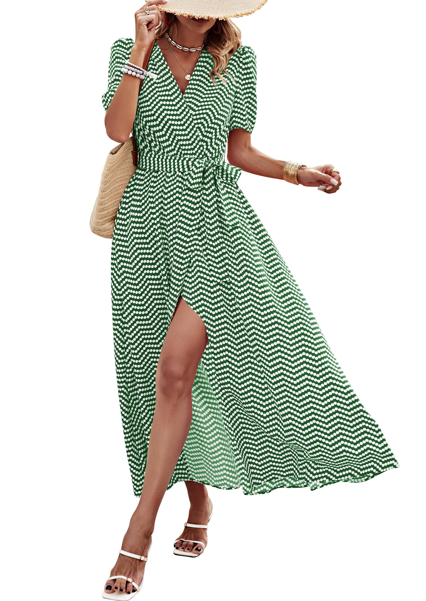 Women's Boho Floral Maxi Dress – Short Sleeve Wrap V-Neck Long Beach Dress