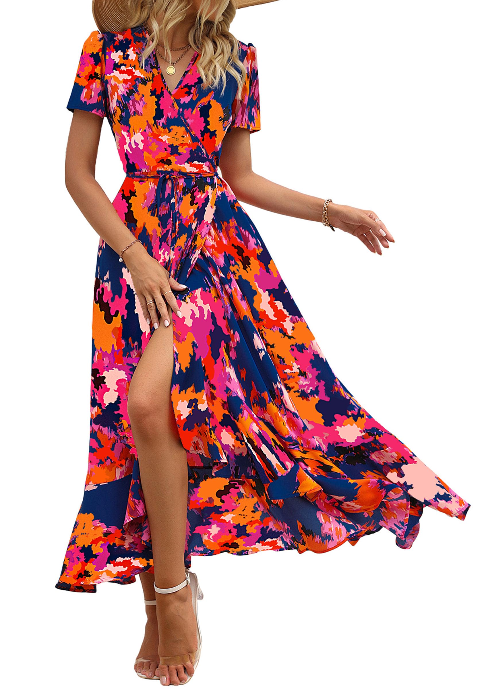 Women's Boho Floral Maxi Dress – Short Sleeve Wrap V-Neck Long Beach Dress