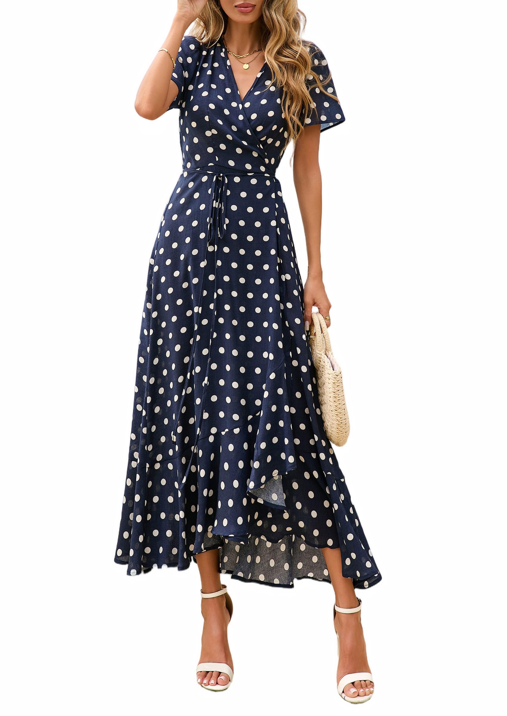 Women's Boho Floral Maxi Dress – Short Sleeve Wrap V-Neck Long Beach Dress