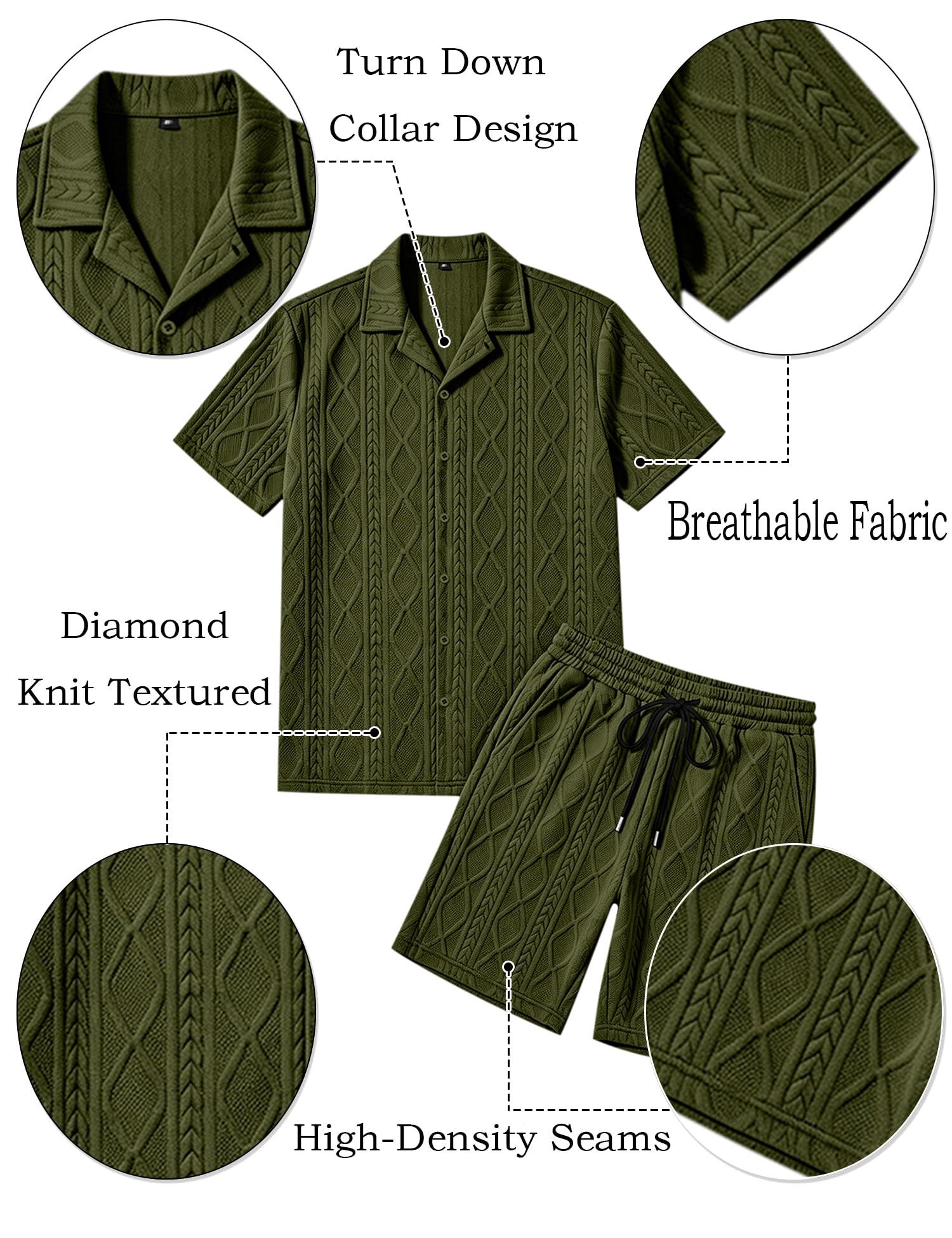 Men's Diamond Knit 2-Piece Button Down Shirt & Shorts Set – Casual Tracksuit