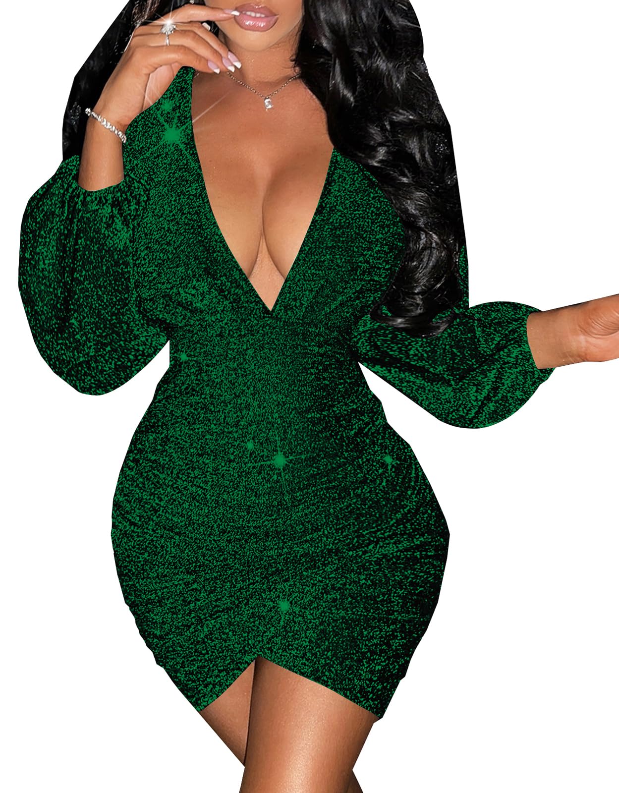 New 2026 Women's Sparkly Sequin Bodycon Dress - Deep V Neck Long Sleeve Party Dress