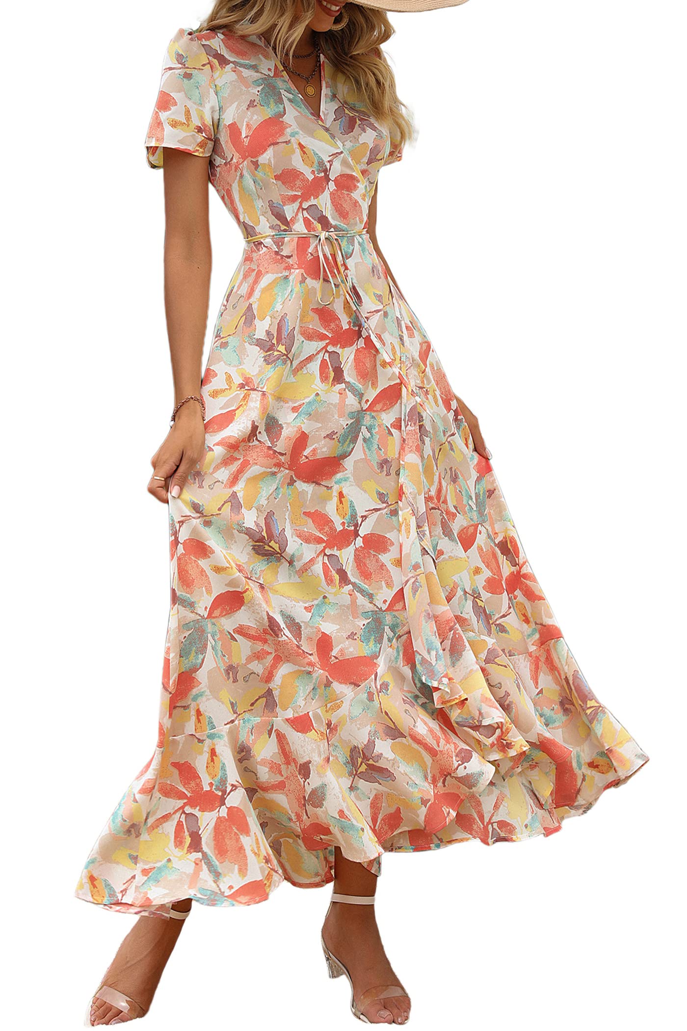Women's Boho Floral Maxi Dress – Short Sleeve Wrap V-Neck Long Beach Dress