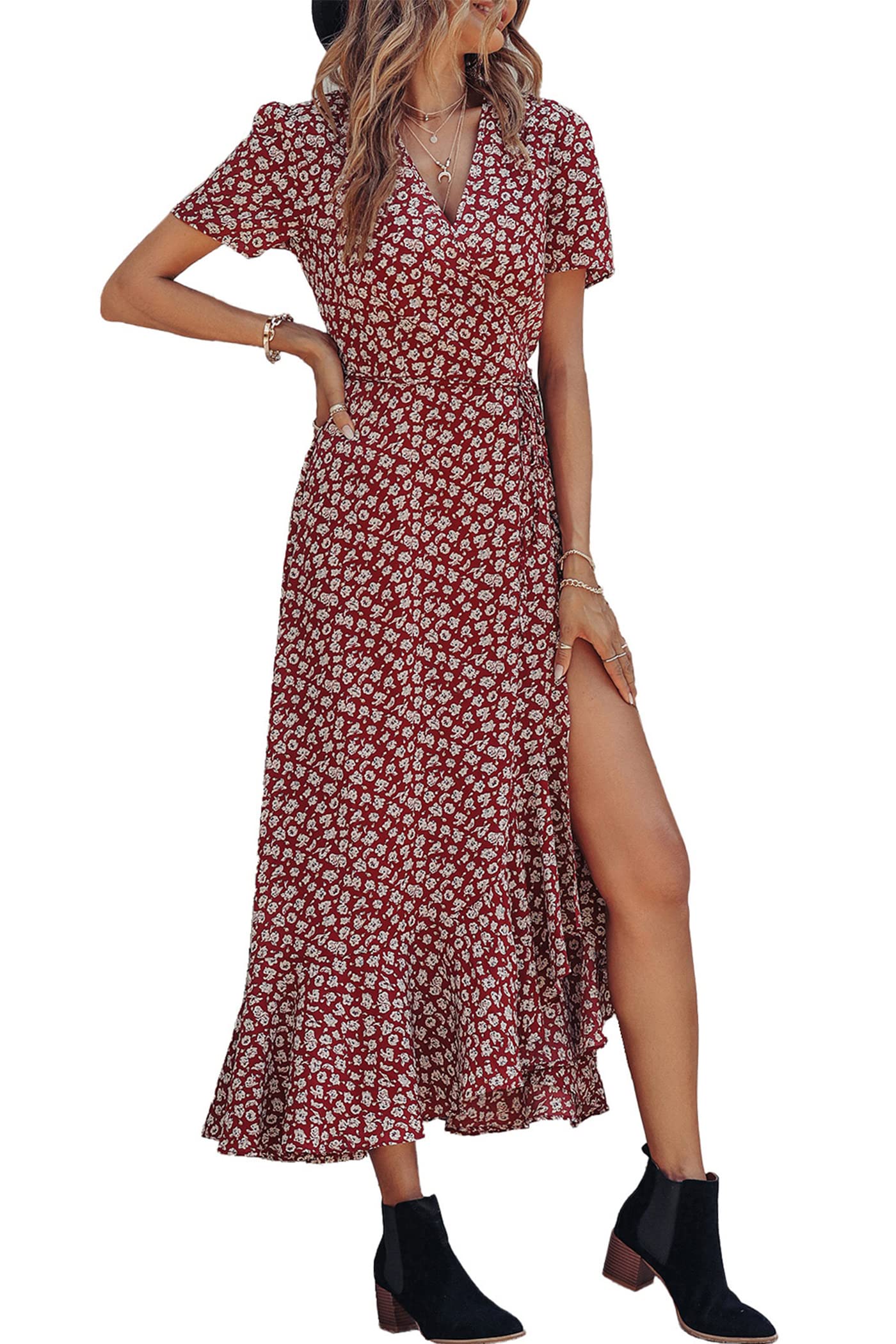 Women's Boho Floral Maxi Dress – Short Sleeve Wrap V-Neck Long Beach Dress
