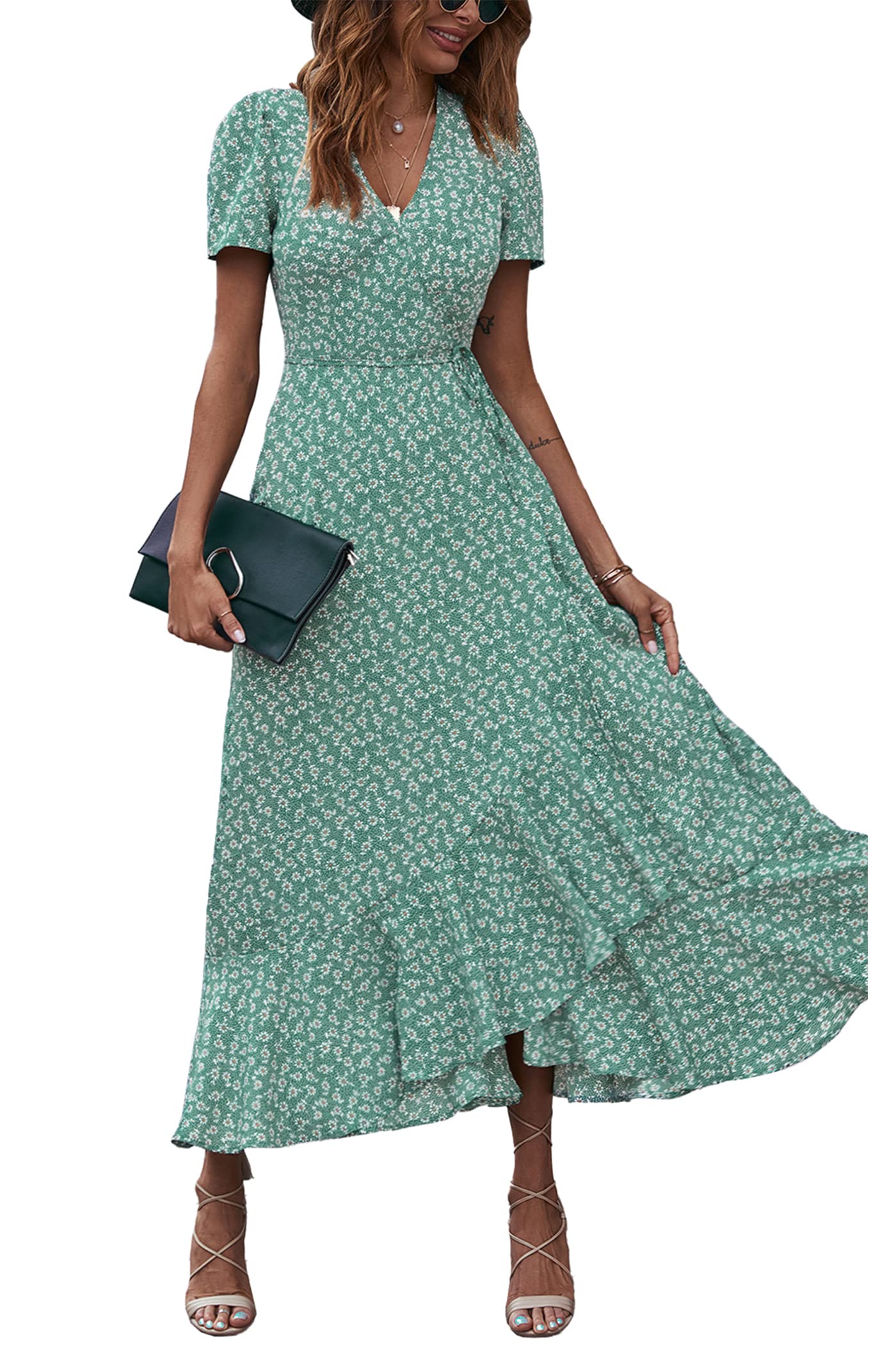 Women's Boho Floral Maxi Dress – Short Sleeve Wrap V-Neck Long Beach Dress