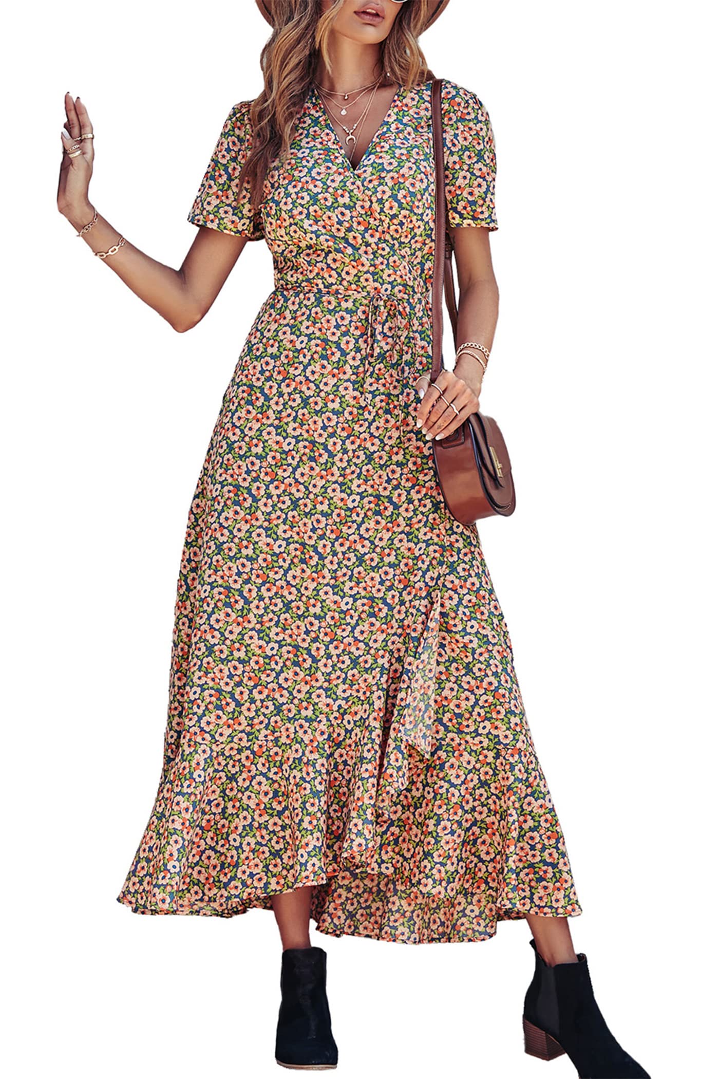 Women's Boho Floral Maxi Dress – Short Sleeve Wrap V-Neck Long Beach Dress