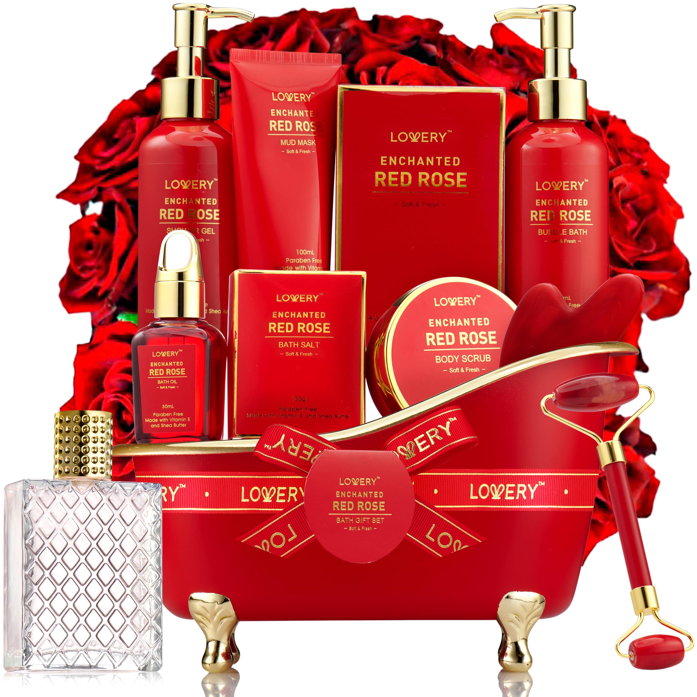 LOVERY Red Rose Luxury Spa Gift Basket – 11-Piece Bath & Body Set with Perfume, Jade Roller & Gua Sha