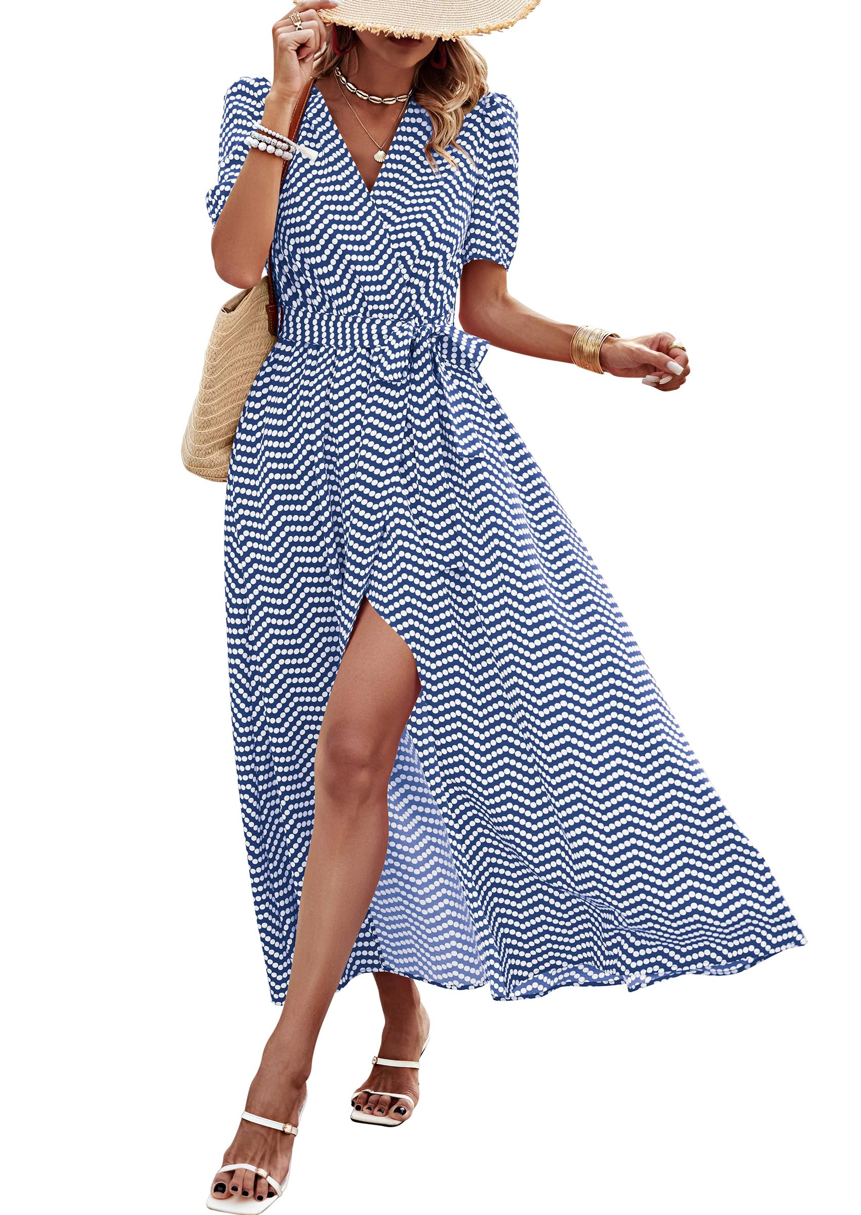 Women's Boho Floral Maxi Dress – Short Sleeve Wrap V-Neck Long Beach Dress