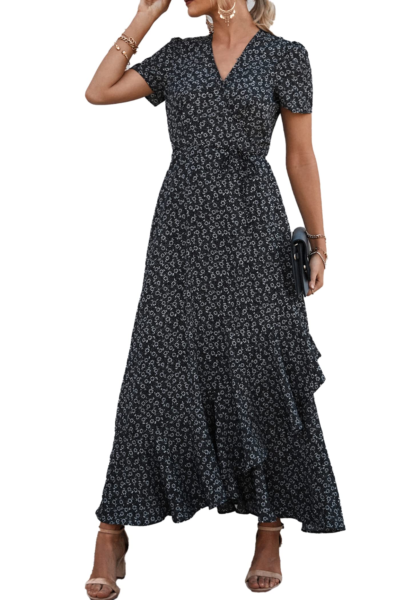 Women's Boho Floral Maxi Dress – Short Sleeve Wrap V-Neck Long Beach Dress