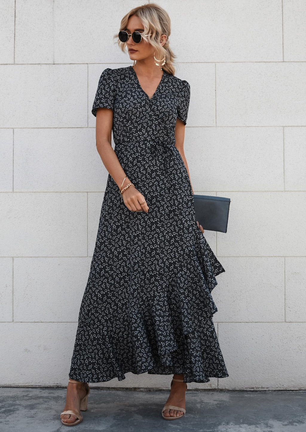 Women's Boho Floral Maxi Dress – Short Sleeve Wrap V-Neck Long Beach Dress