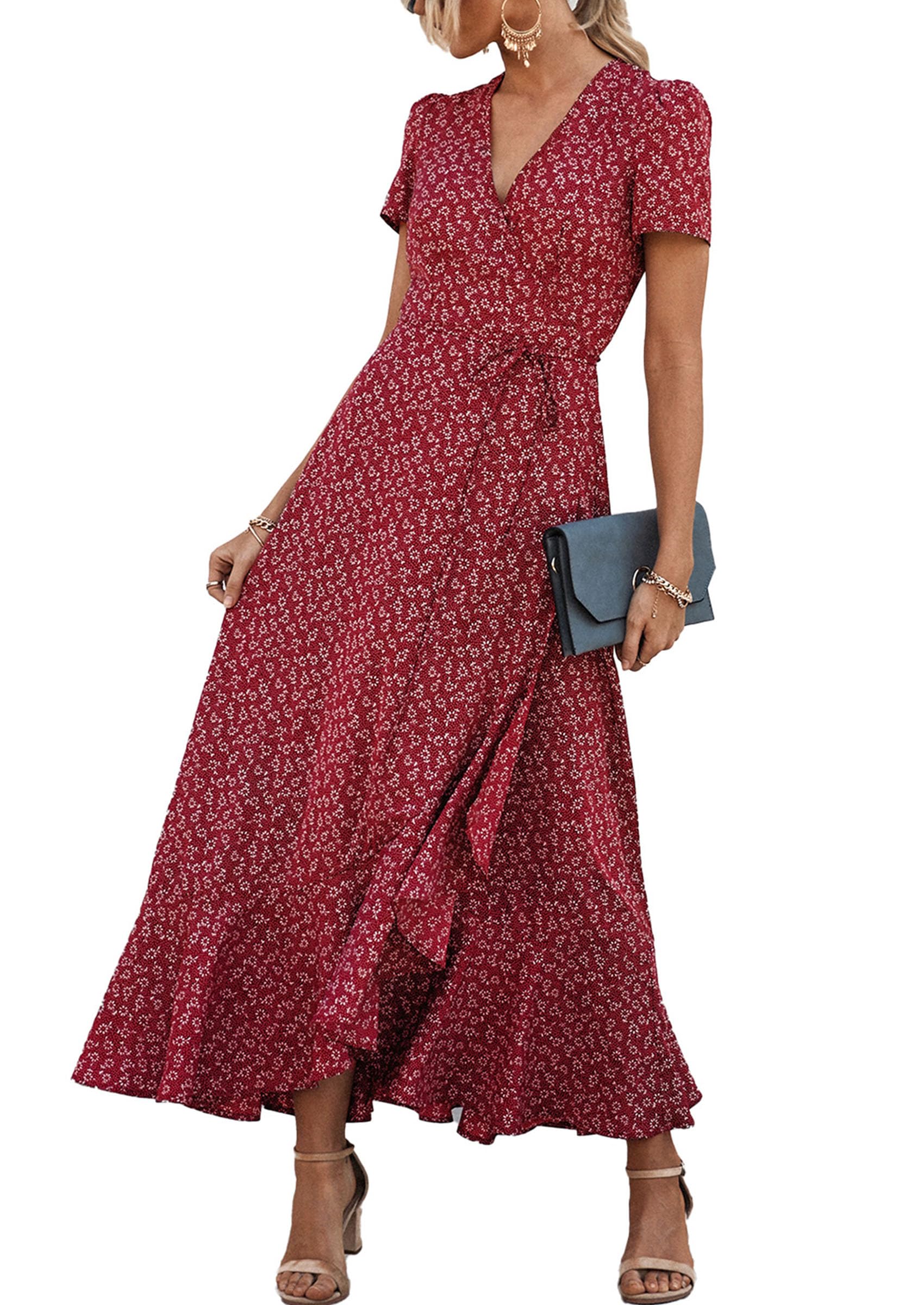 Women's Boho Floral Maxi Dress – Short Sleeve Wrap V-Neck Long Beach Dress