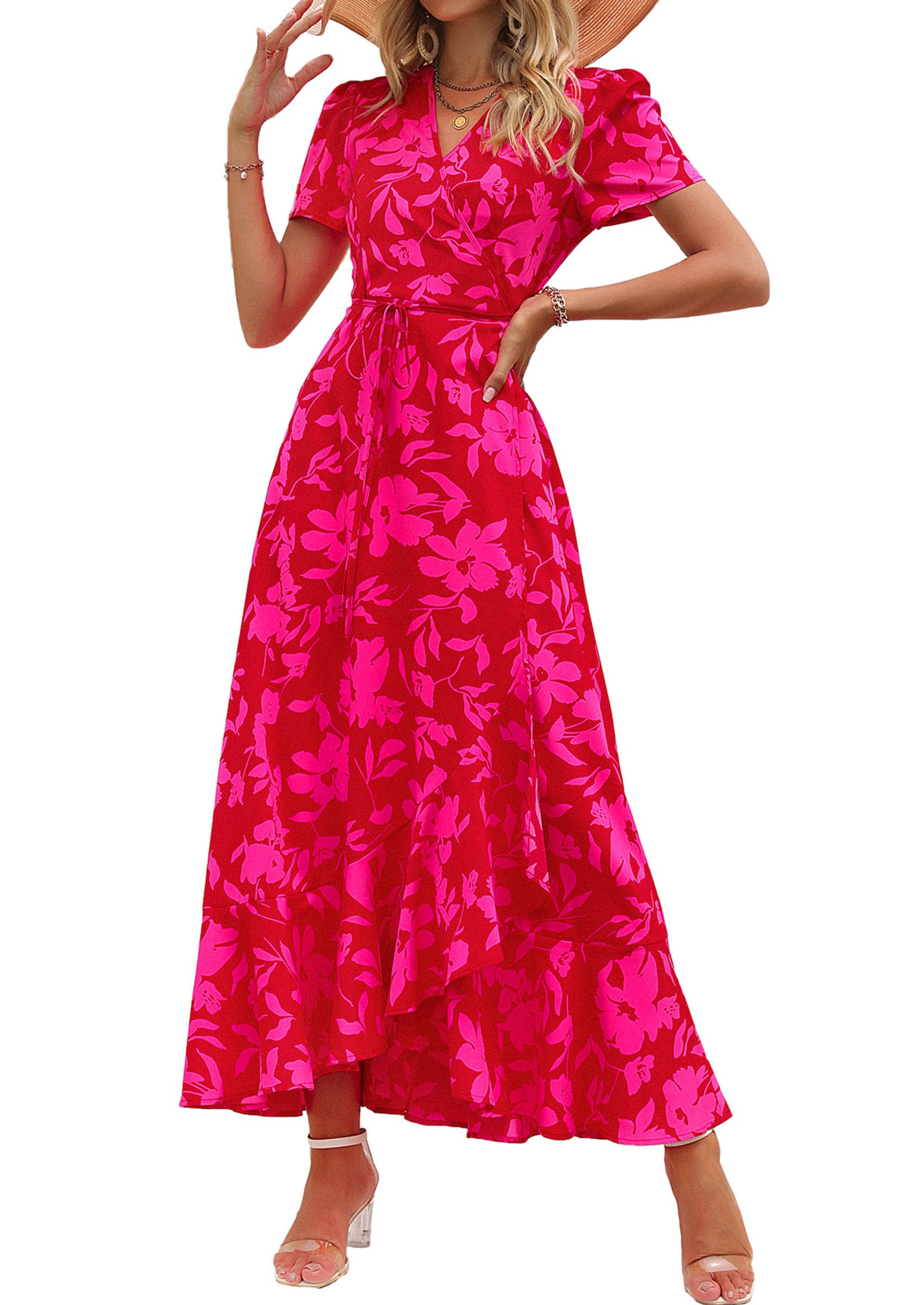 Women's Boho Floral Maxi Dress – Short Sleeve Wrap V-Neck Long Beach Dress