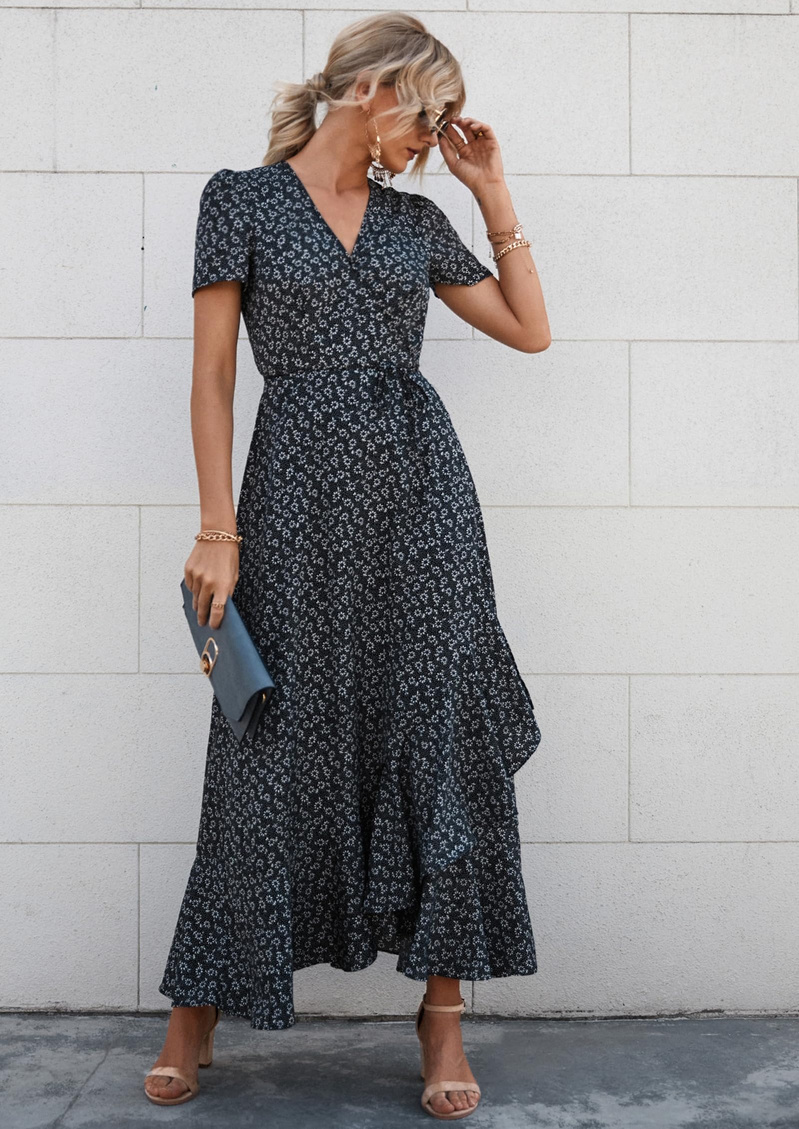 Women's Boho Floral Maxi Dress – Short Sleeve Wrap V-Neck Long Beach Dress