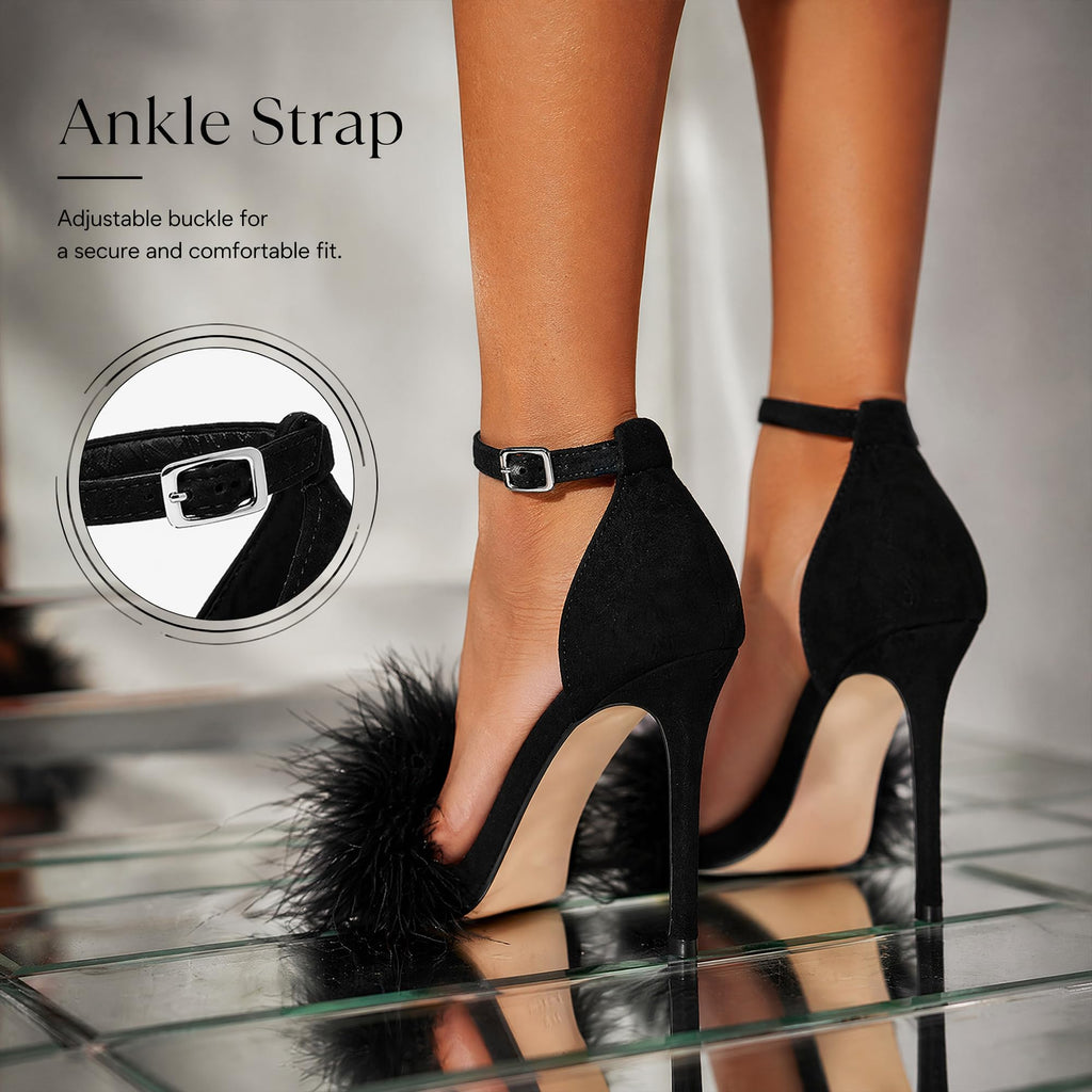 YIBLBOX Women's Feather Fur Stiletto Heels - Open Toe Ankle Strap Sandals