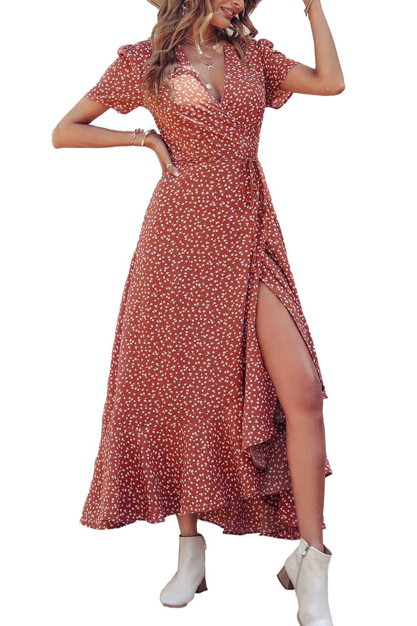 Women's Boho Floral Maxi Dress – Short Sleeve Wrap V-Neck Long Beach Dress