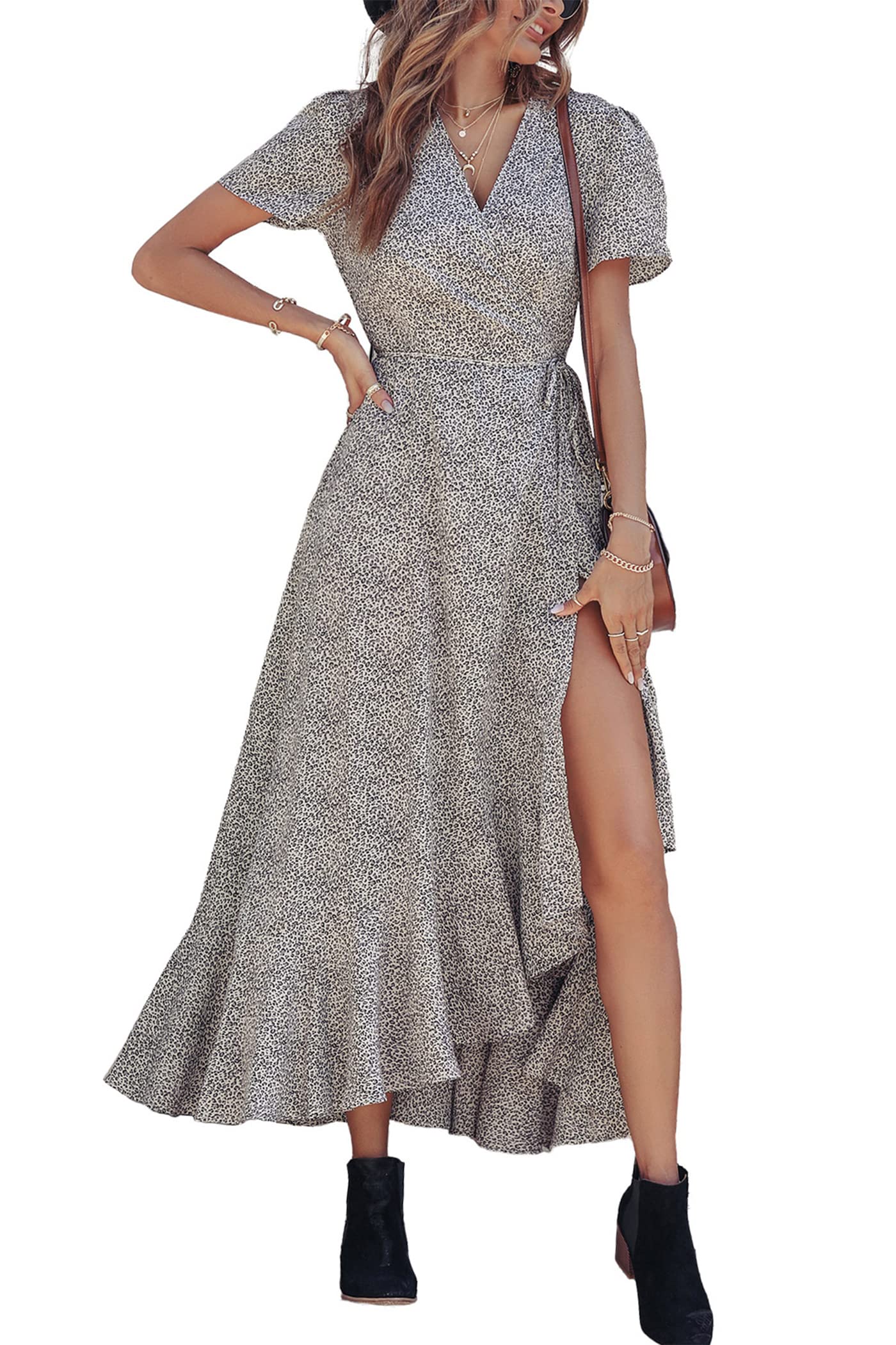 Women's Boho Floral Maxi Dress – Short Sleeve Wrap V-Neck Long Beach Dress