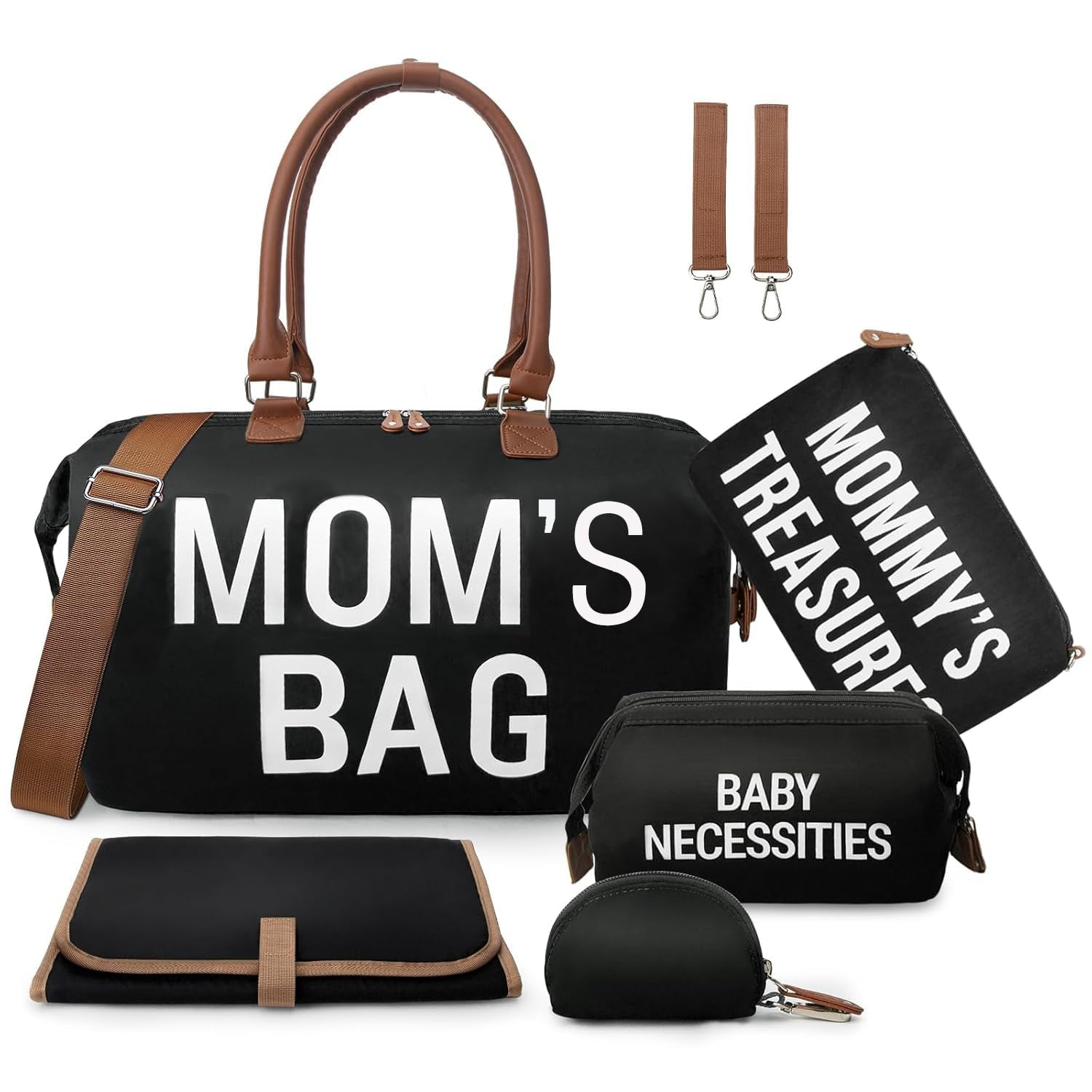 6Pcs Large Diaper Bag Tote with Changing Pad & 2 Organized Pouches, Mom'S Bag for Hospital with Pacifier Case, Straps, Stroller Hook, Baby Diaper Bag for Weekender Travel