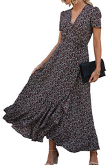 Women's Boho Floral Maxi Dress – Short Sleeve Wrap V-Neck Long Beach Dress
